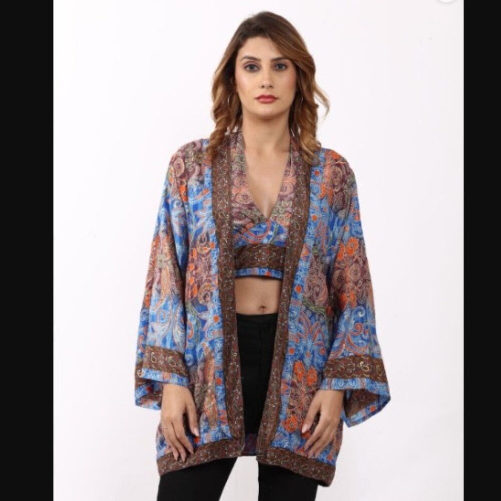 Wevez 100% Silk Print Bohemian Halter Top & Kimono one size NWT
